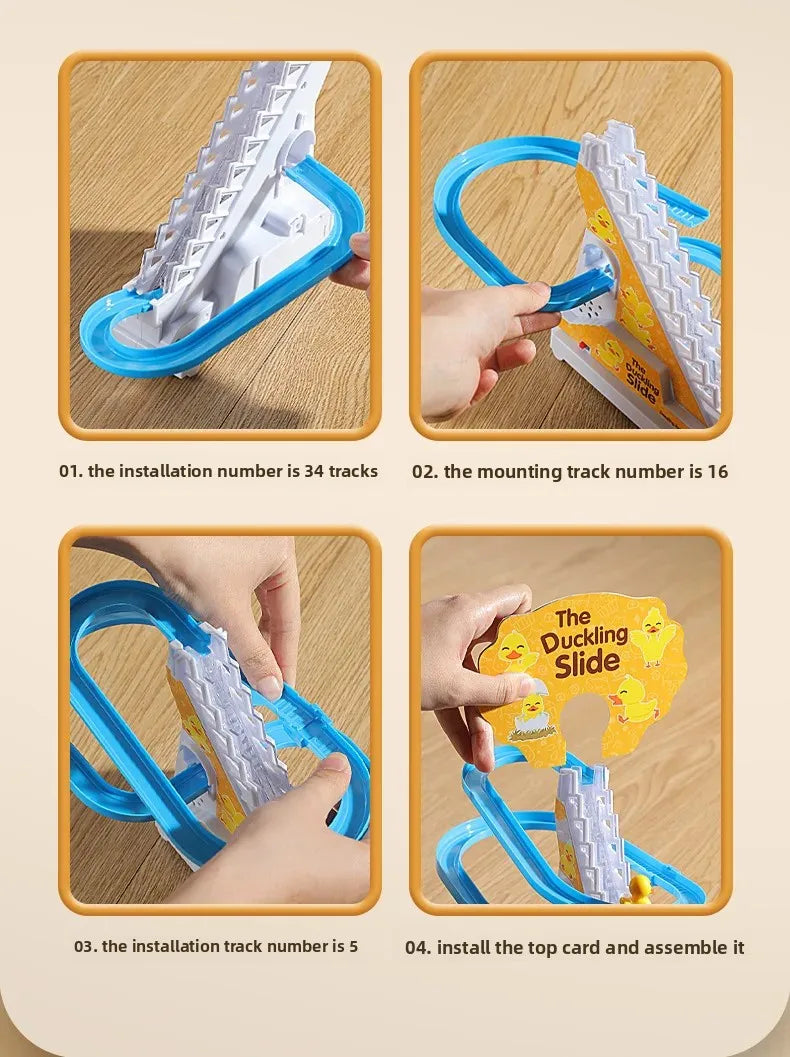 Automatic Climbing Stairs Electric Track Educational Toys Yellow Duck Slide Children Remote Control Car Plastic Material