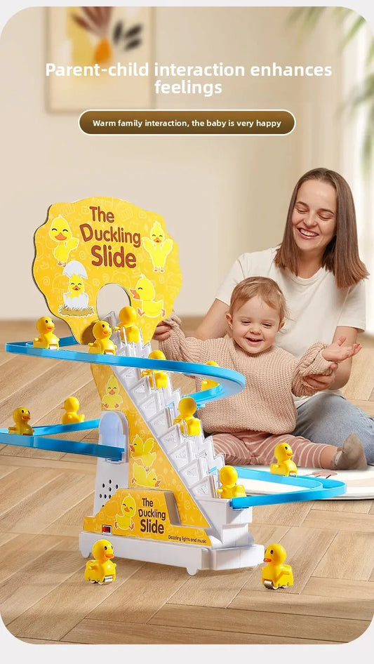 Automatic Climbing Stairs Electric Track Educational Toys Yellow Duck Slide Children Remote Control Car Plastic Material