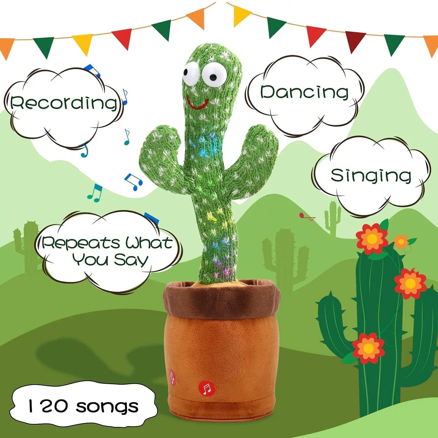 Dancing Cactus Talking Toy Plush with Voice Changing Function, 120 Pcs Songs USB Charging, Educational Gift for Children