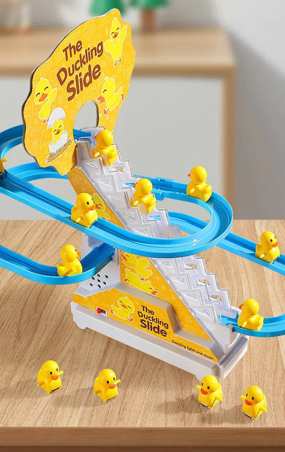Automatic Climbing Stairs Electric Track Educational Toys Yellow Duck Slide Children Remote Control Car Plastic Material
