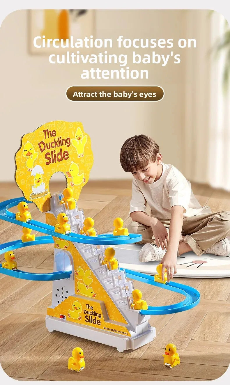 Automatic Climbing Stairs Electric Track Educational Toys Yellow Duck Slide Children Remote Control Car Plastic Material