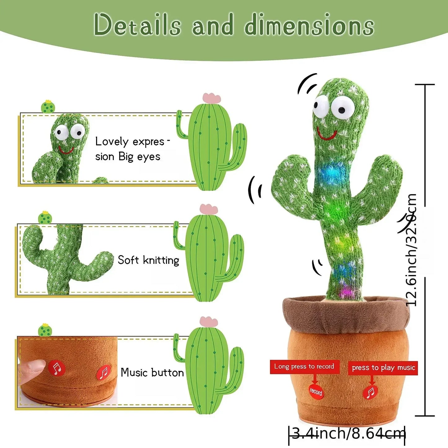 Dancing Cactus Talking Toy Plush with Voice Changing Function, 120 Pcs Songs USB Charging, Educational Gift for Children